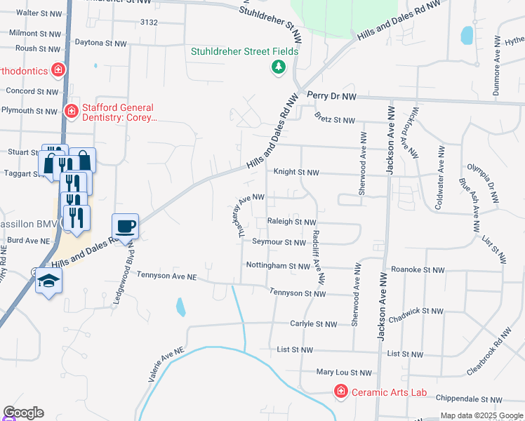 map of restaurants, bars, coffee shops, grocery stores, and more near 2815 Kipling Avenue Northwest in Massillon