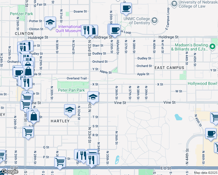 map of restaurants, bars, coffee shops, grocery stores, and more near 3445 X Street in Lincoln