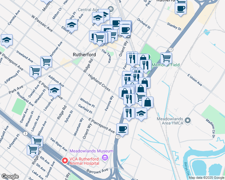 map of restaurants, bars, coffee shops, grocery stores, and more near 143 Highland Cross in Rutherford