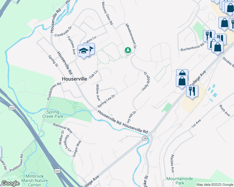 map of restaurants, bars, coffee shops, grocery stores, and more near 170 Spring Lea Drive in State College