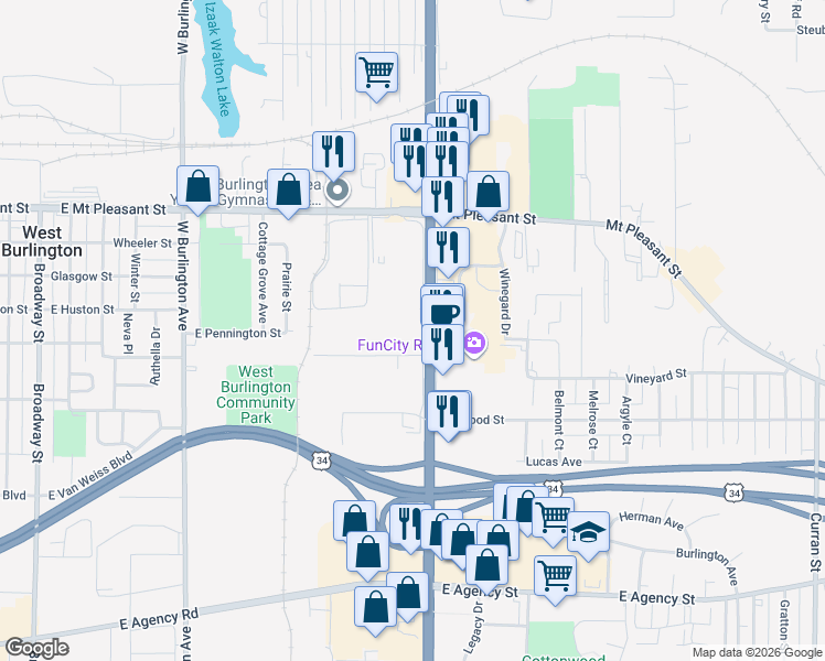 map of restaurants, bars, coffee shops, grocery stores, and more near 1311 North Roosevelt Avenue in Burlington