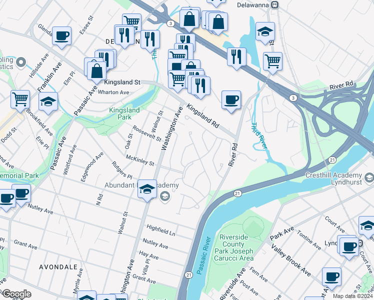 map of restaurants, bars, coffee shops, grocery stores, and more near 324 Winthrop Drive in Nutley