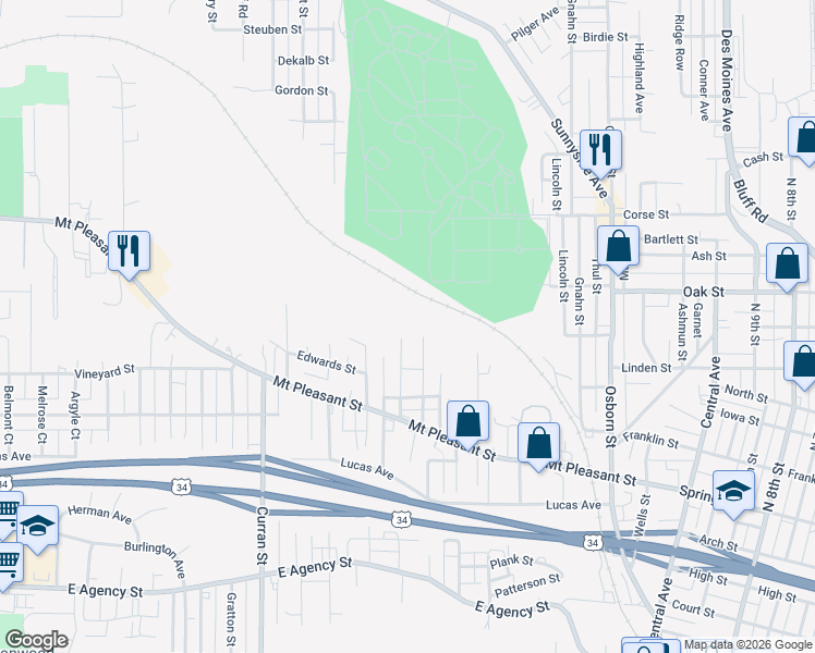 map of restaurants, bars, coffee shops, grocery stores, and more near 1226 Dehner Street in Burlington