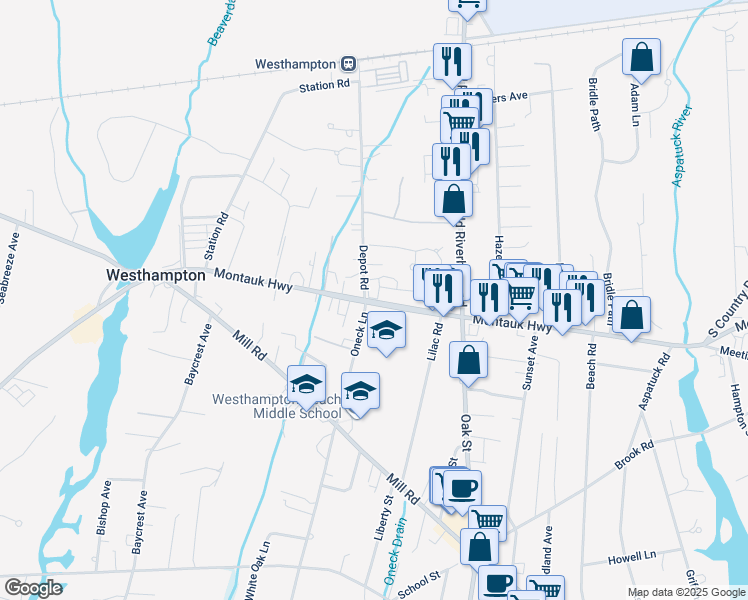 map of restaurants, bars, coffee shops, grocery stores, and more near 104 Montauk Highway in Westhampton Beach