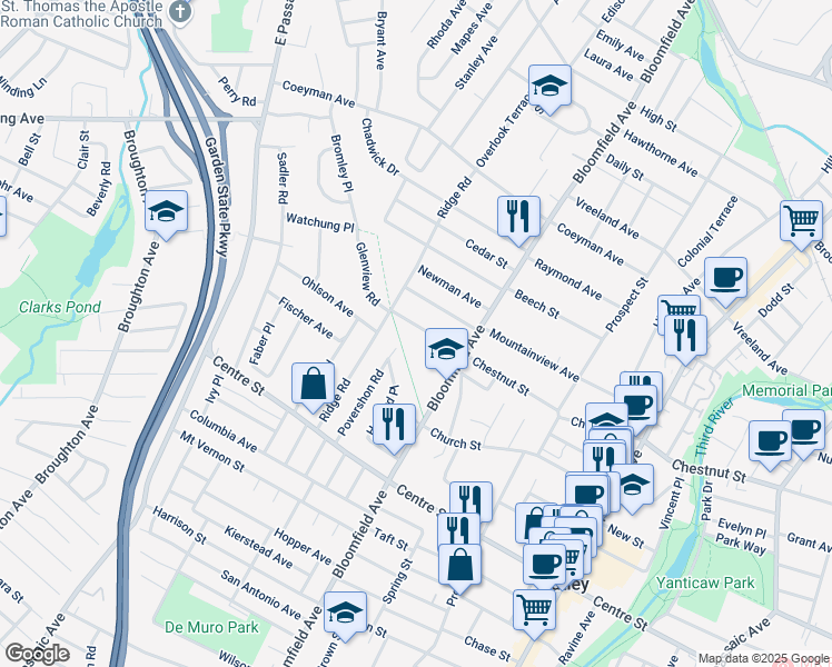 map of restaurants, bars, coffee shops, grocery stores, and more near 462 Chestnut Street in Nutley