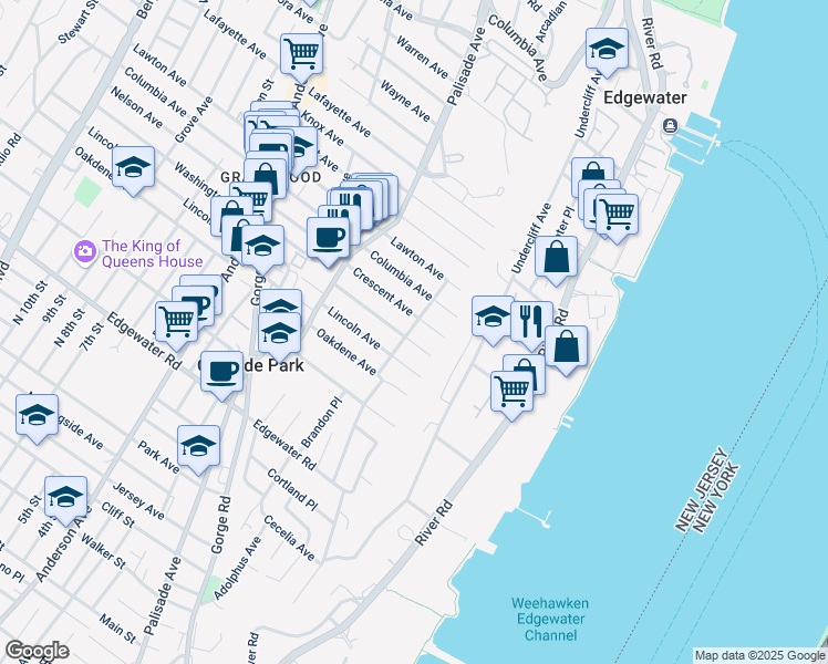 map of restaurants, bars, coffee shops, grocery stores, and more near 634 Hudson Terrace in Cliffside Park