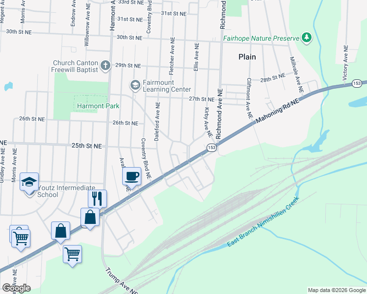 map of restaurants, bars, coffee shops, grocery stores, and more near 3846 Fairmount Boulevard Northeast in Canton