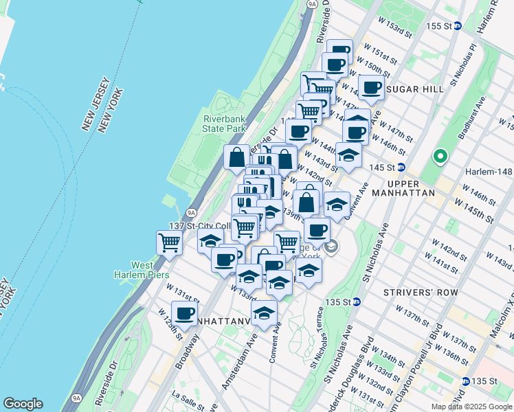 map of restaurants, bars, coffee shops, grocery stores, and more near 611 West 138th Street in New York