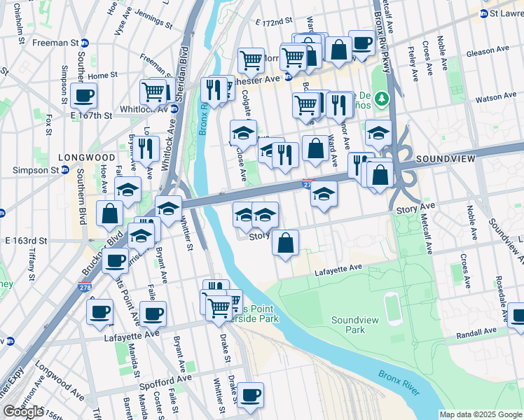 map of restaurants, bars, coffee shops, grocery stores, and more near 953 Colgate Avenue in The Bronx