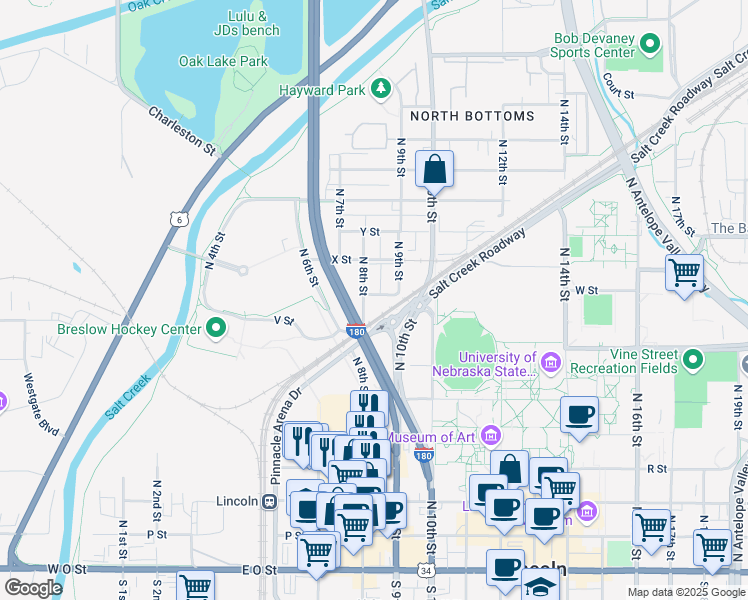 map of restaurants, bars, coffee shops, grocery stores, and more near 809 W Street in Lincoln