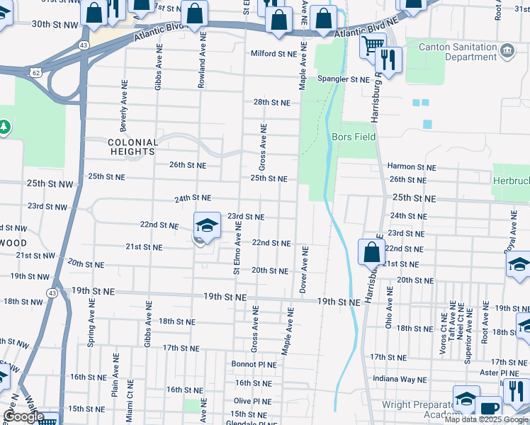 map of restaurants, bars, coffee shops, grocery stores, and more near 1607 23rd Street Northeast in Canton