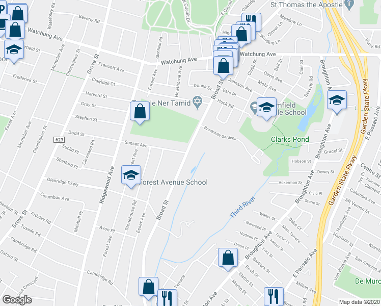 map of restaurants, bars, coffee shops, grocery stores, and more near 879 Broad Street in Bloomfield