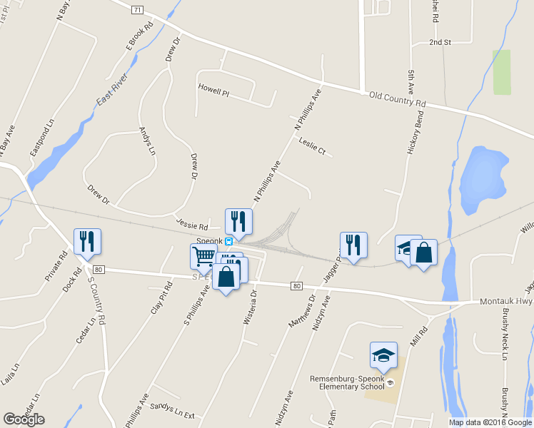 map of restaurants, bars, coffee shops, grocery stores, and more near 64 North Phillips Avenue in Remsenburg-Speonk