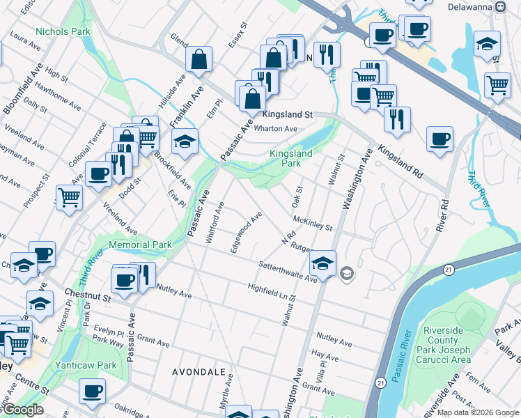 map of restaurants, bars, coffee shops, grocery stores, and more near 245 Rutgers Place in Nutley