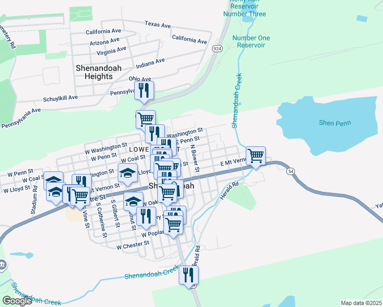 map of restaurants, bars, coffee shops, grocery stores, and more near 128 North Bower Street in Shenandoah