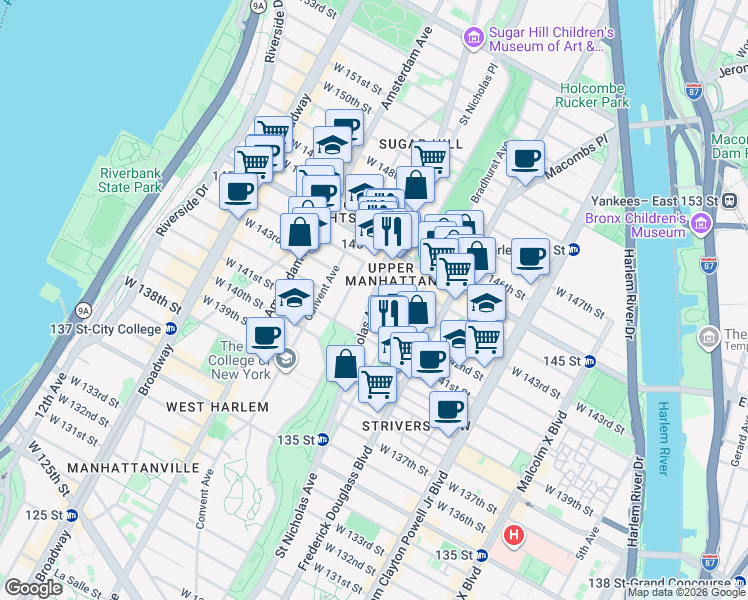 map of restaurants, bars, coffee shops, grocery stores, and more near 658 Saint Nicholas Avenue in New York