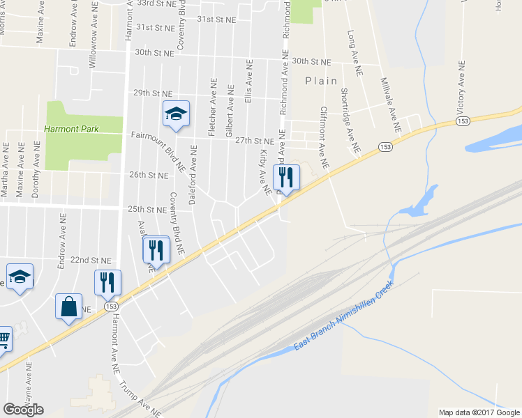 map of restaurants, bars, coffee shops, grocery stores, and more near 3919 Mahoning Rd NE in Canton