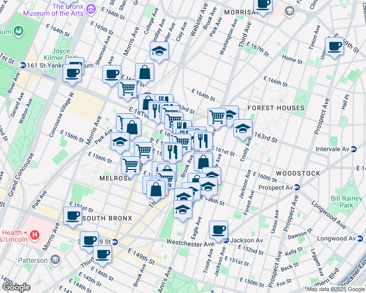 map of restaurants, bars, coffee shops, grocery stores, and more near 451 East 159th Street in The Bronx