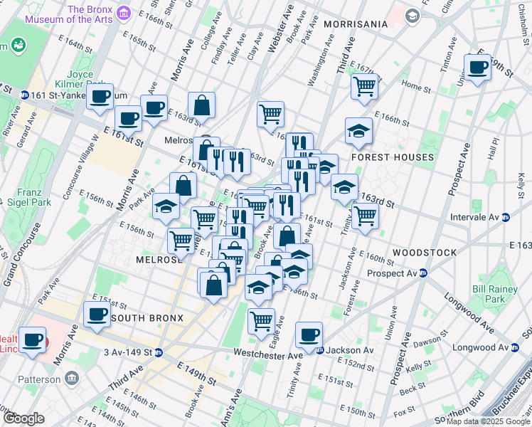 map of restaurants, bars, coffee shops, grocery stores, and more near 830 Washington Avenue in Bronx