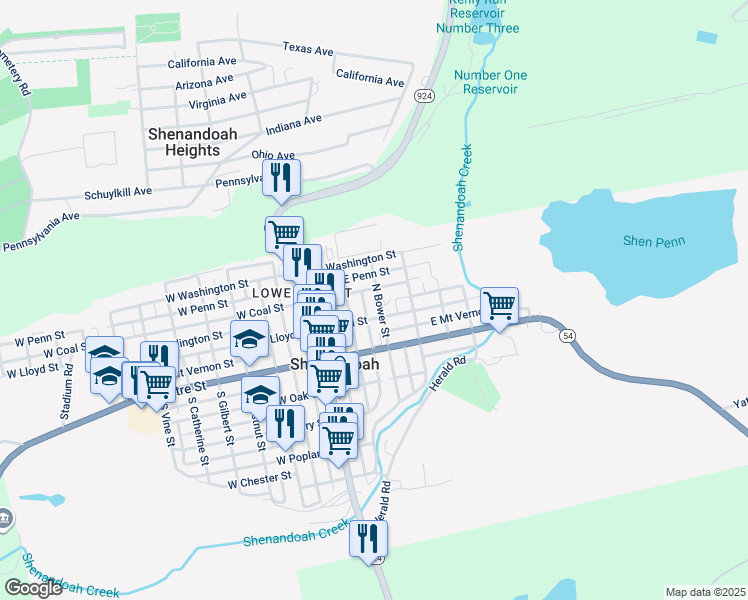 map of restaurants, bars, coffee shops, grocery stores, and more near 128 North Bower Street in Shenandoah
