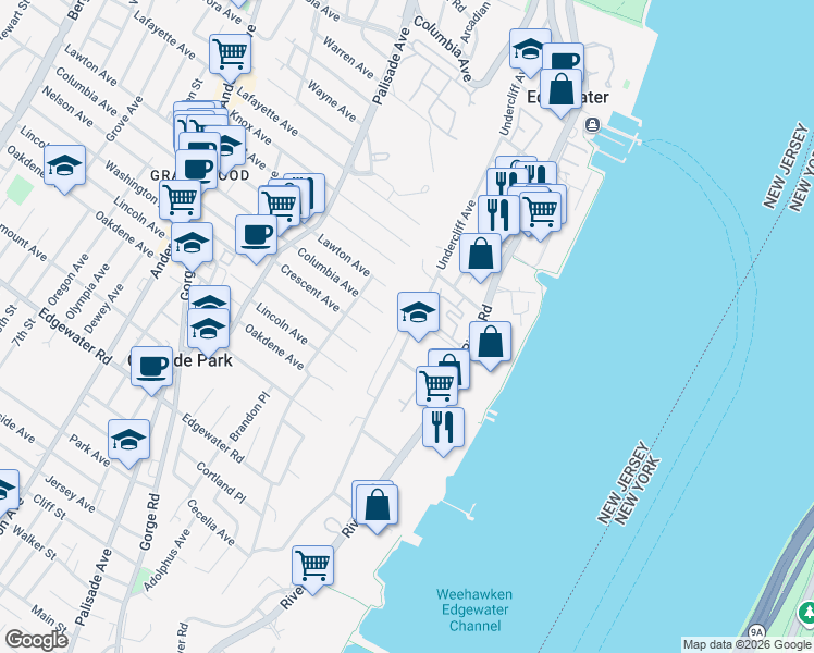 map of restaurants, bars, coffee shops, grocery stores, and more near 270 Undercliff Avenue in Edgewater