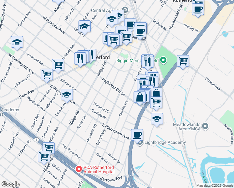 map of restaurants, bars, coffee shops, grocery stores, and more near 160 Orient Way in Rutherford
