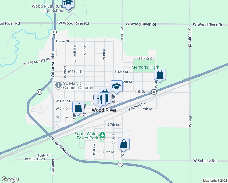 map of restaurants, bars, coffee shops, grocery stores, and more near 300 Eleventh Street East in Wood River