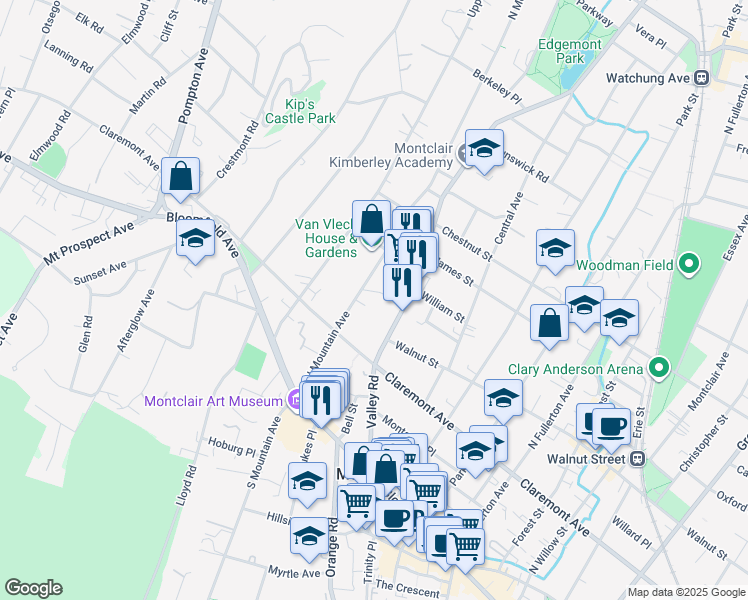 map of restaurants, bars, coffee shops, grocery stores, and more near 55 North Mountain Avenue in Montclair