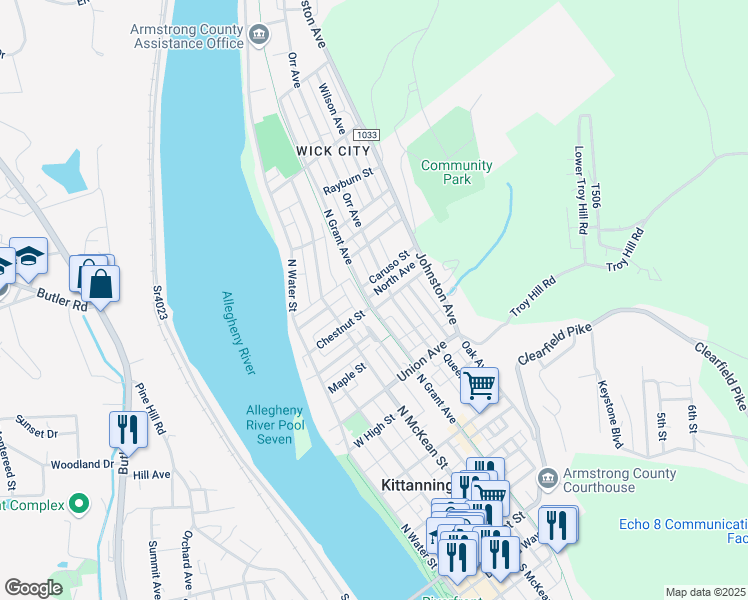 map of restaurants, bars, coffee shops, grocery stores, and more near 406 North Avenue in Kittanning