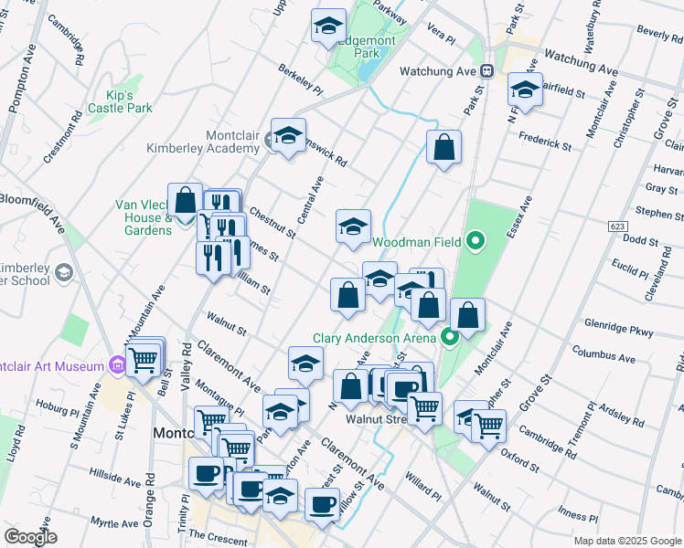 map of restaurants, bars, coffee shops, grocery stores, and more near 107 Chestnut Street in Montclair
