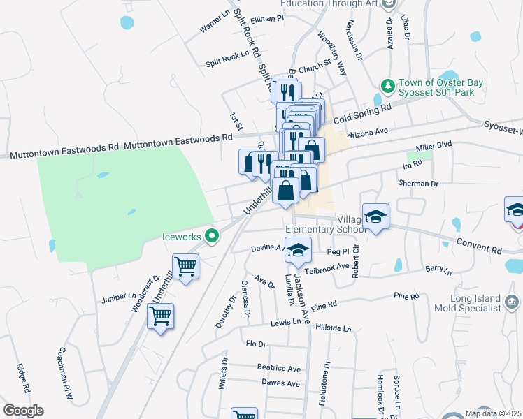 map of restaurants, bars, coffee shops, grocery stores, and more near 49 Railroad Avenue in Syosset
