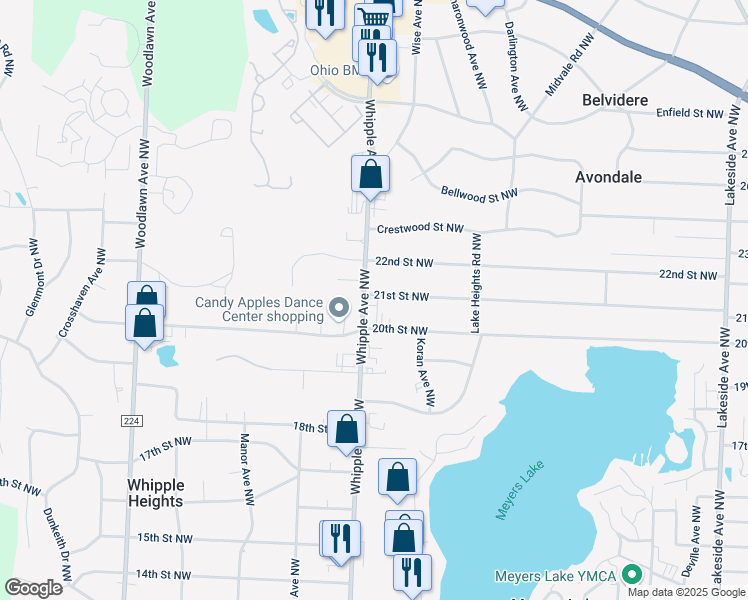 map of restaurants, bars, coffee shops, grocery stores, and more near 2030 Whipple Ave NW in Canton