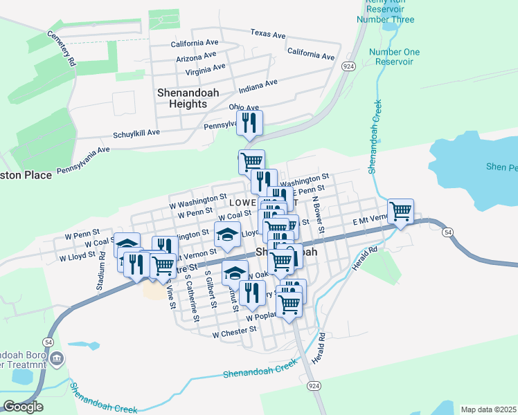 map of restaurants, bars, coffee shops, grocery stores, and more near 25 West Coal Street in Shenandoah