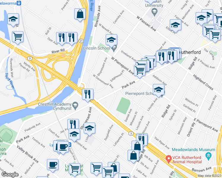 map of restaurants, bars, coffee shops, grocery stores, and more near 11 West Gouverneur Avenue in Rutherford