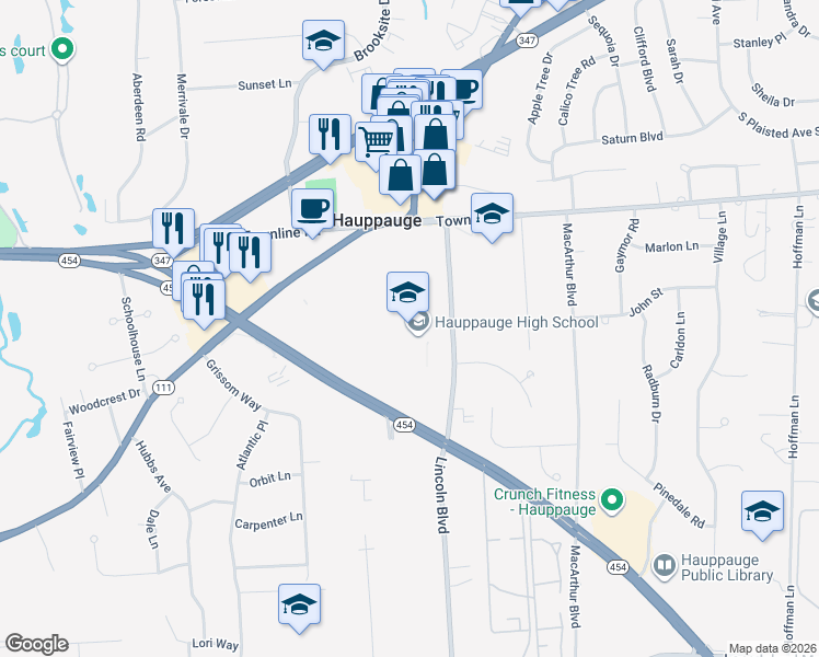 map of restaurants, bars, coffee shops, grocery stores, and more near 500 Lincoln Boulevard in Hauppauge