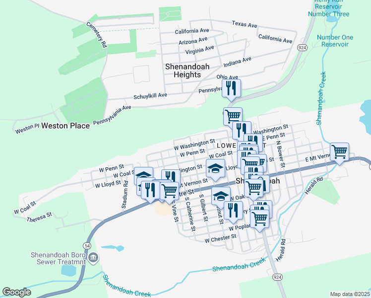 map of restaurants, bars, coffee shops, grocery stores, and more near 420 West Washington Street in Shenandoah