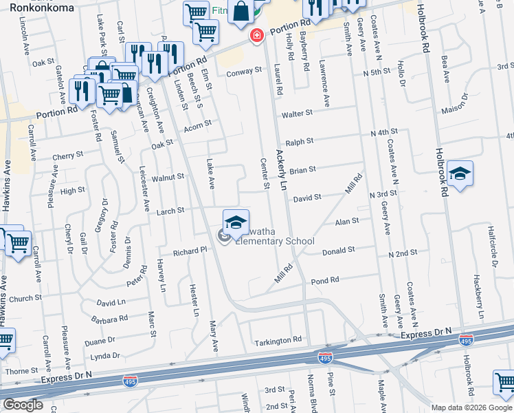 map of restaurants, bars, coffee shops, grocery stores, and more near 20 Avenue J in Lake Ronkonkoma