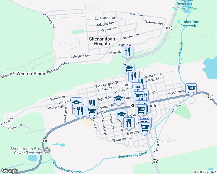 map of restaurants, bars, coffee shops, grocery stores, and more near 222 North Diamond Street in Shenandoah