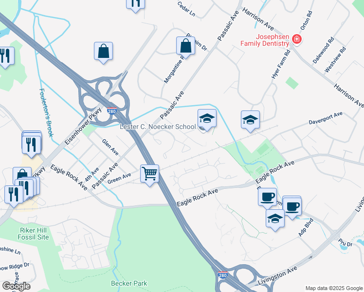 map of restaurants, bars, coffee shops, grocery stores, and more near 25 Minnisink Drive in Roseland