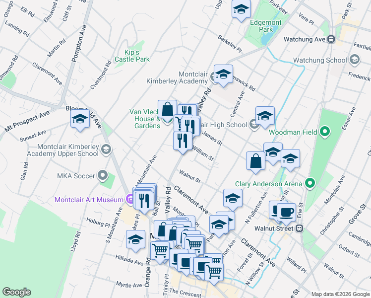 map of restaurants, bars, coffee shops, grocery stores, and more near 132 Valley Road in Montclair