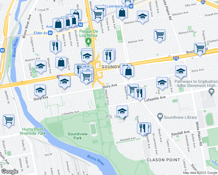 map of restaurants, bars, coffee shops, grocery stores, and more near 1664 Story Avenue in Bronx