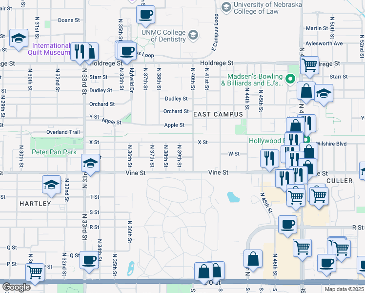 map of restaurants, bars, coffee shops, grocery stores, and more near 936 North 39th Street in Lincoln