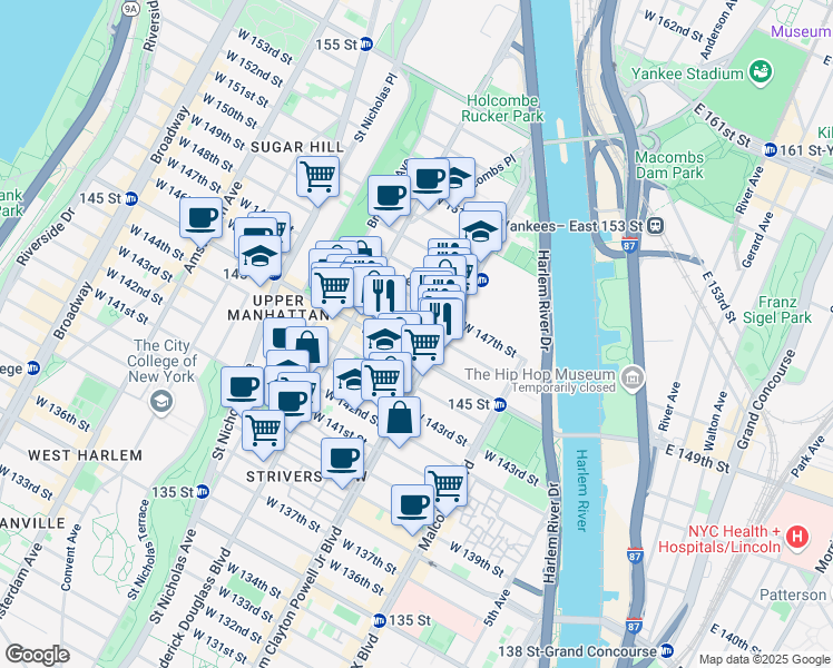 map of restaurants, bars, coffee shops, grocery stores, and more near 210 West 146th Street in New York
