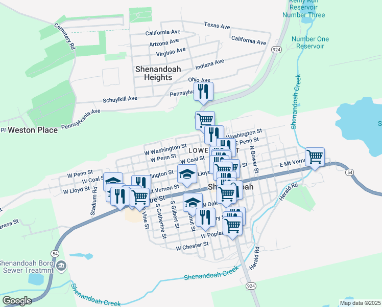 map of restaurants, bars, coffee shops, grocery stores, and more near 204 West Penn Street in Shenandoah
