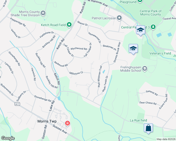 map of restaurants, bars, coffee shops, grocery stores, and more near 12 Hawthorne Court in Morristown