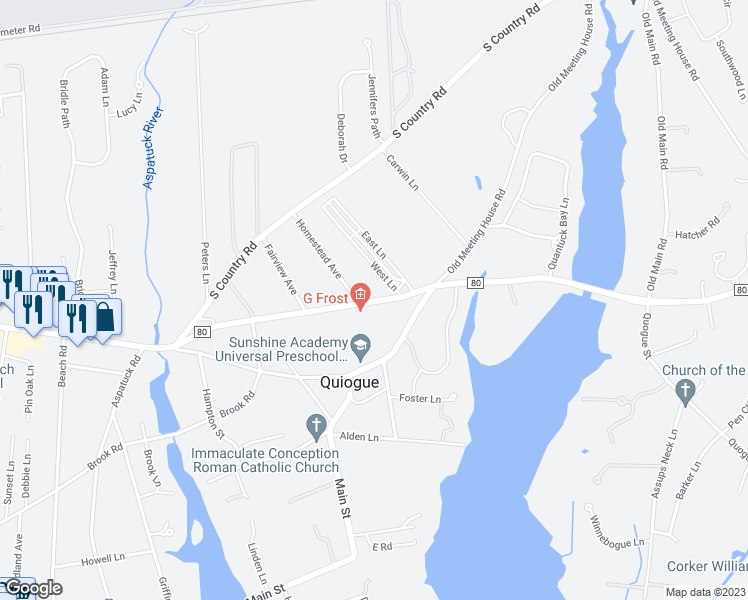 map of restaurants, bars, coffee shops, grocery stores, and more near 588 Montauk Highway in Westhampton Beach