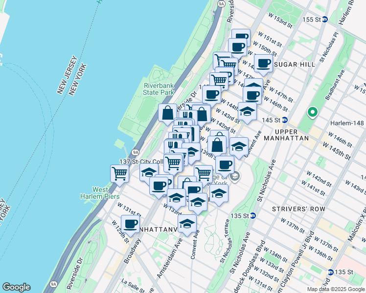 map of restaurants, bars, coffee shops, grocery stores, and more near 611 West 138th Street in New York
