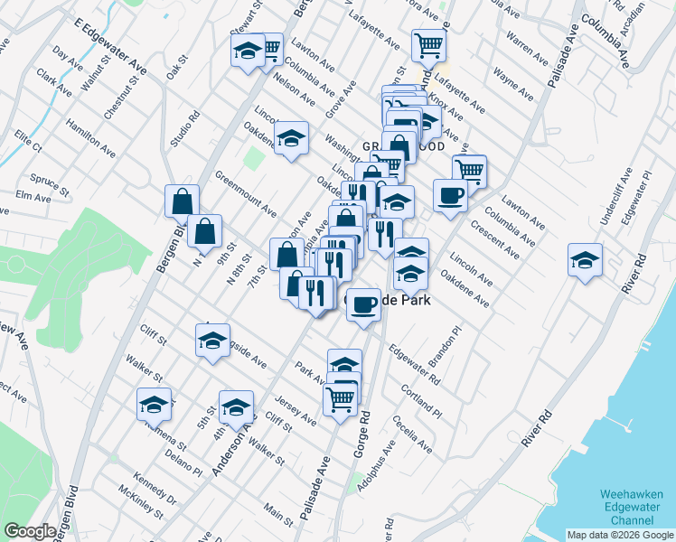 map of restaurants, bars, coffee shops, grocery stores, and more near 513 Anderson Avenue in Cliffside Park
