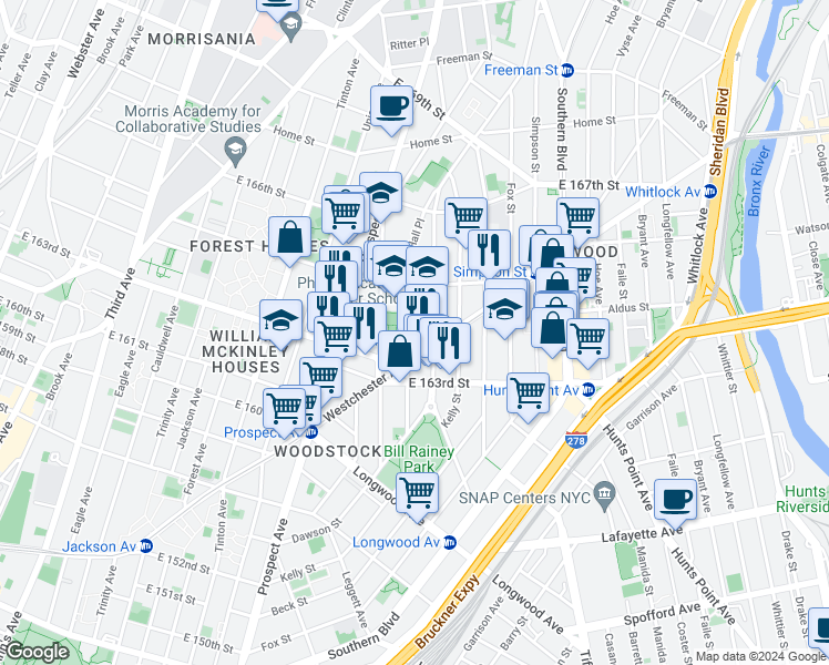 map of restaurants, bars, coffee shops, grocery stores, and more near 950 Rogers Place in Bronx