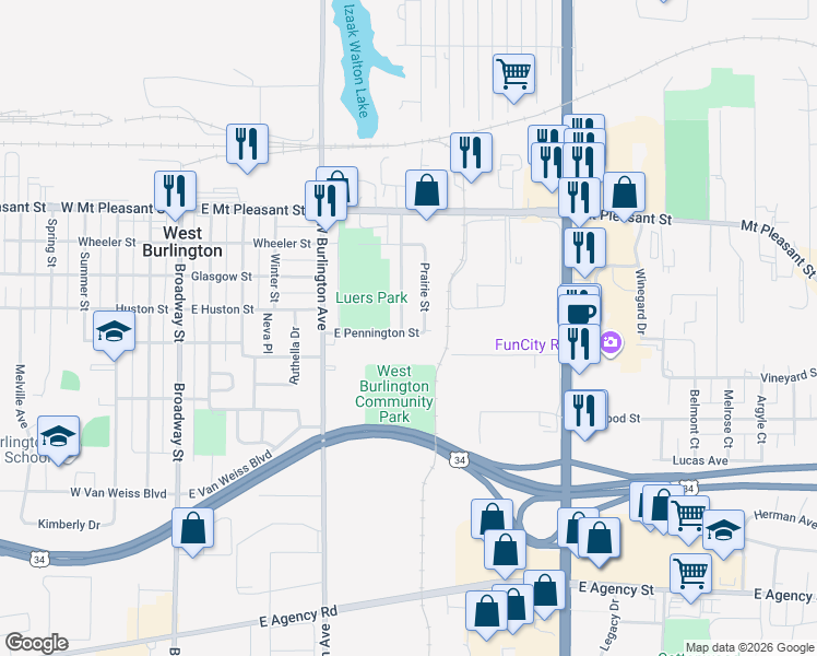 map of restaurants, bars, coffee shops, grocery stores, and more near 410 Cottage Grove Avenue in West Burlington